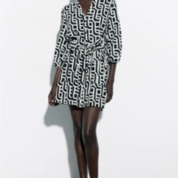 Zara Black and White Geometric Patterned Dress cotton and linen blend size xs - Picture 1 of 4